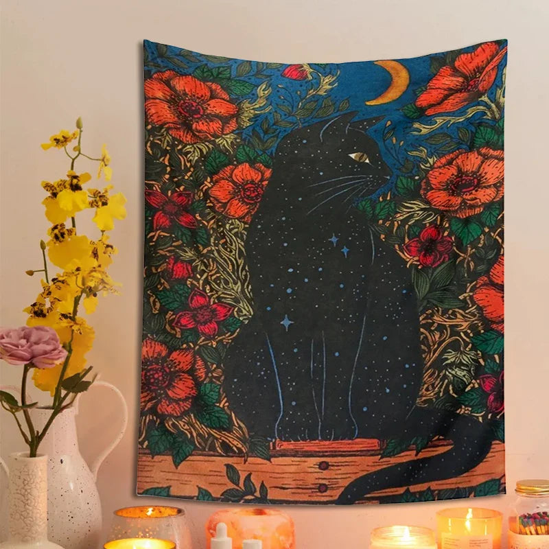 Black Cat Moon Tapestry Wall Hanging for Cute Aesthetics Home Decor by Afralia™