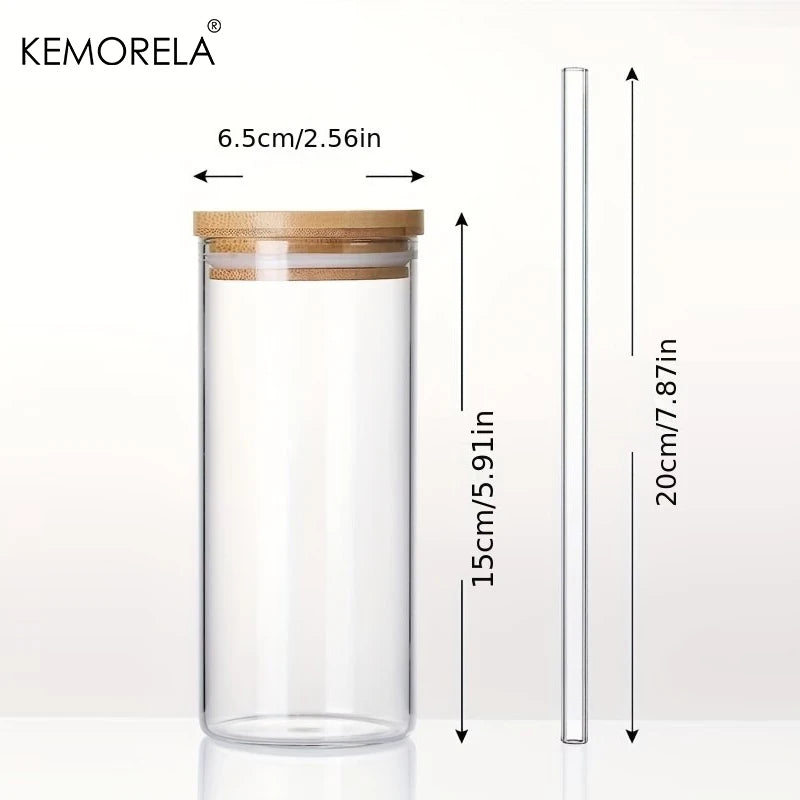 Afralia™ 4-Piece Set Clear Glass Tumbler Cups with Bamboo Lids and Straws - 600ML