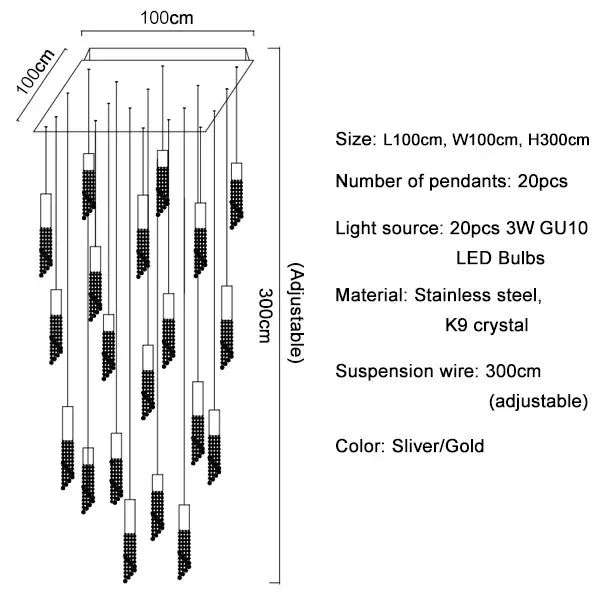 Afralia™ Long Crystal Beads Pendant Chandelier for Indoor Decorative Staircase Lighting