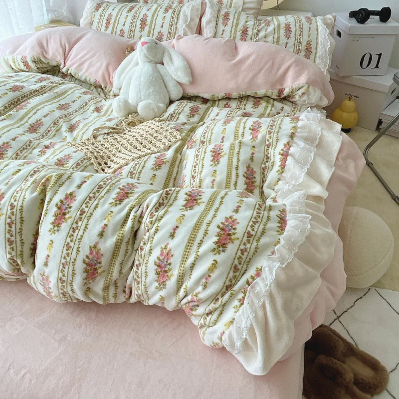 Afralia™ Vintage French Lace Ruffles Bedding Set with Winter Warm Velvet, Single Queen King Size