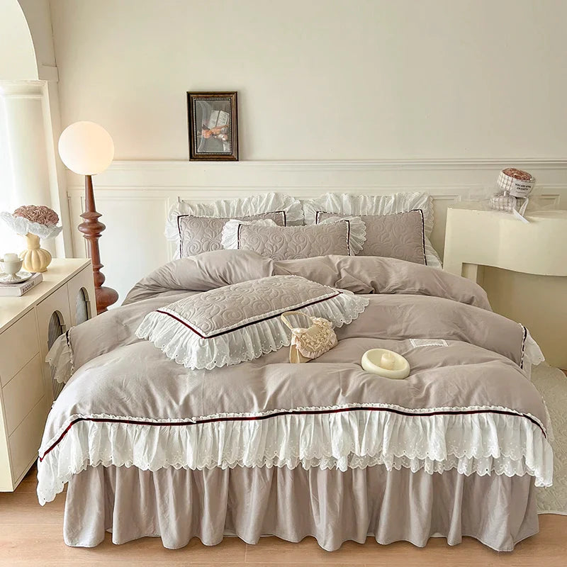 Afralia™ Lace Ruffles Bedding Set: 4pcs Solid Color Princess Quilt Cover, Bed Skirt, 100% Cotton Pillowcase