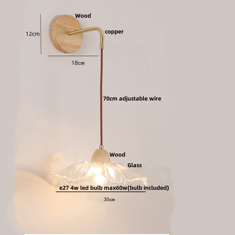 Afralia™ Clear Glass LED Wall Lights with Wood Pull Chain Switch, Modern Art Bedside Lamp