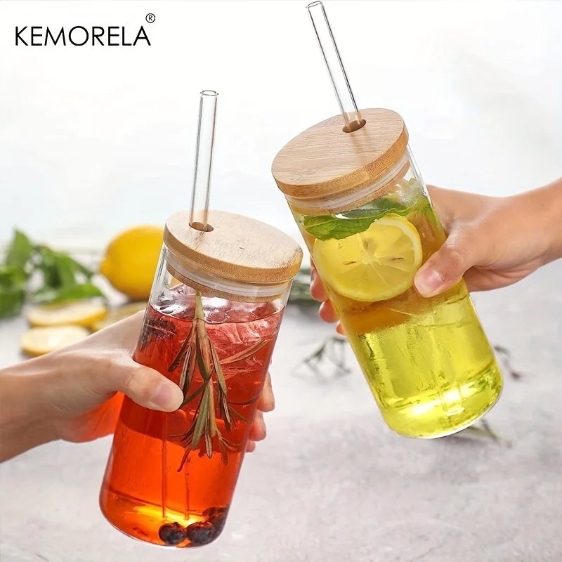 Afralia™ 4-Piece Set Clear Glass Tumbler Cups with Bamboo Lids and Straws - 600ML