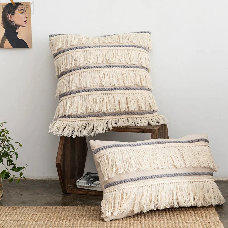 Afralia™ Embroidered Tassel Cushion Cover | Beige Grey | Cotton Linen | Home Decor