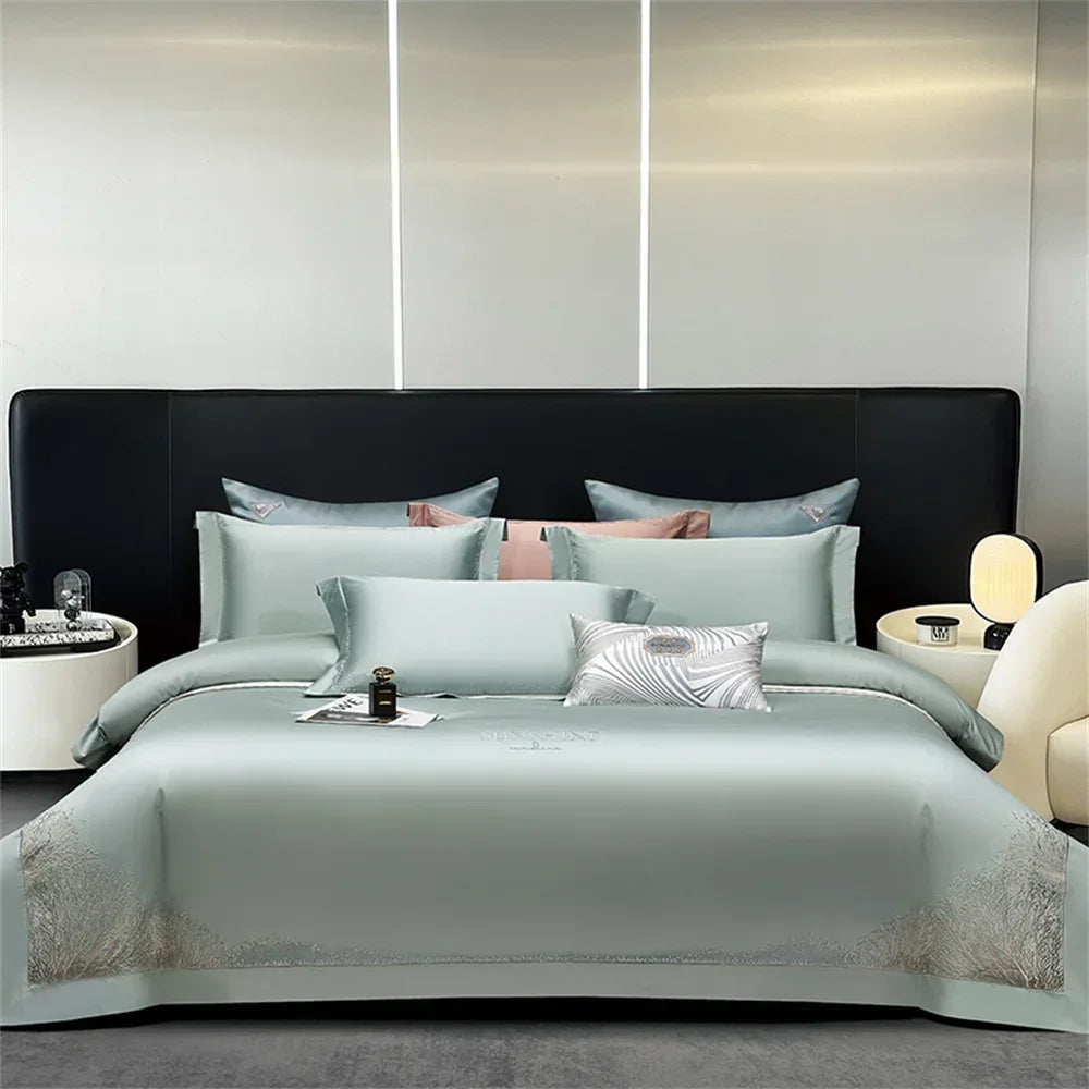 Afralia™ Jacquard Embroidery Egyptian Cotton Satin Bedding Set with Elastic Sheet