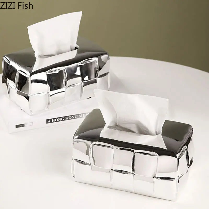 Afralia™ Geometric Grain Silver Check Tissue Box Holder & Desktop Organizer