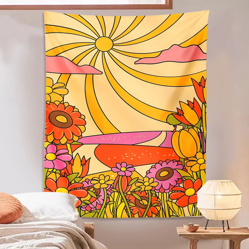 Afralia™ Retro Floral Rainbow Sun Wall Hanging: Abstract Landscape Vintage Art