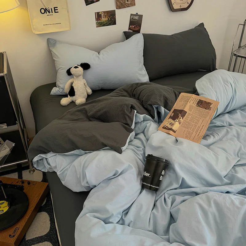 Afralia™ Two-Tone Washed Cotton Bedding Set Soft Duvet Cover for Student Dorm Home