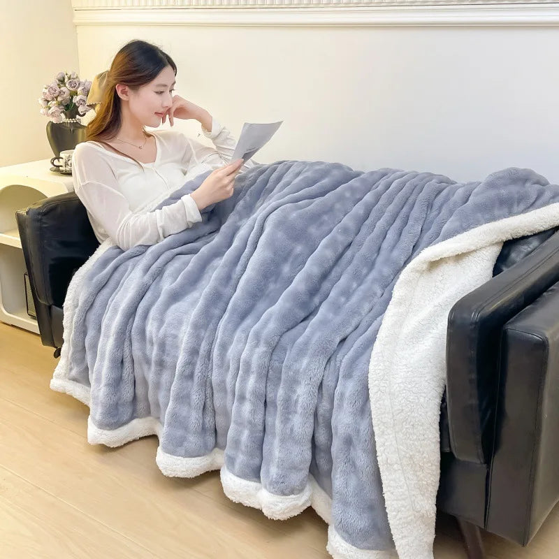 Afralia™ Nordic Double Layer Lamb Fleece Blanket; Soft & Colorful All-Season Office Nap Quilt