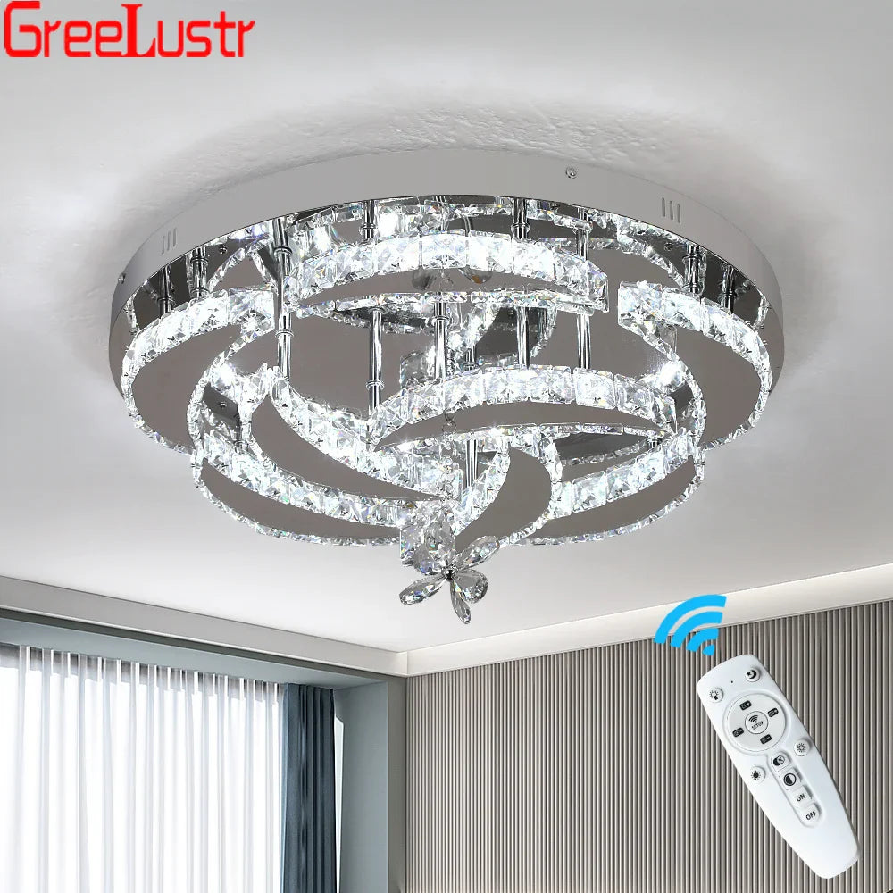 Afralia™ Crystal Raindrop Flowers Remote LED Chandelier Ceiling Light for Living Room