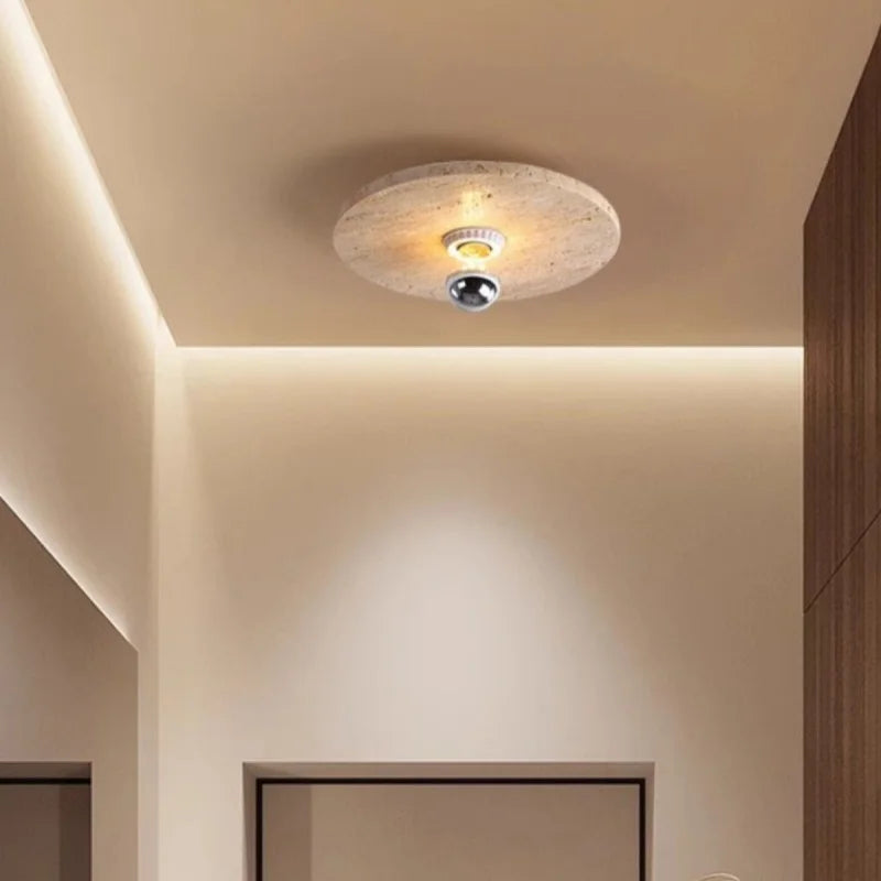 Afralia™ Natural Yellow Travertine Edison LED Ceiling Lights with Wood Canopy