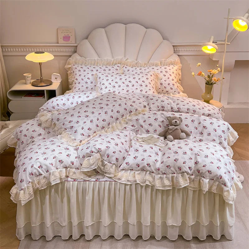 Afralia™ Princess Lace Ruffles Floral Bedding Set with Duvet Cover and Bed Skirt