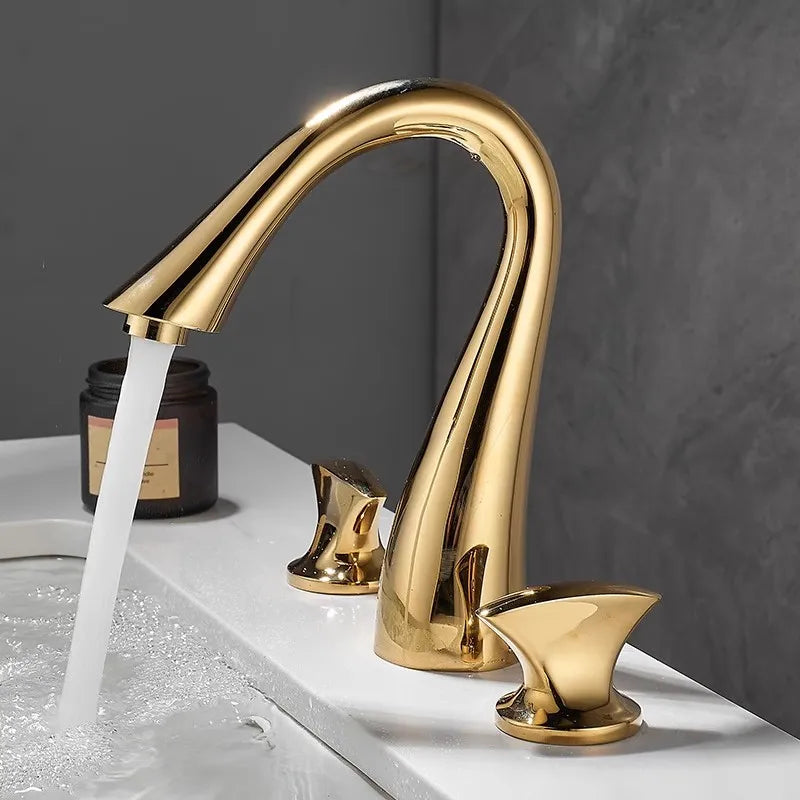 Afralia™ Black & Gold Basin Faucet: 3 Hole Waterfall Bathroom Sink Tap, Total Brass