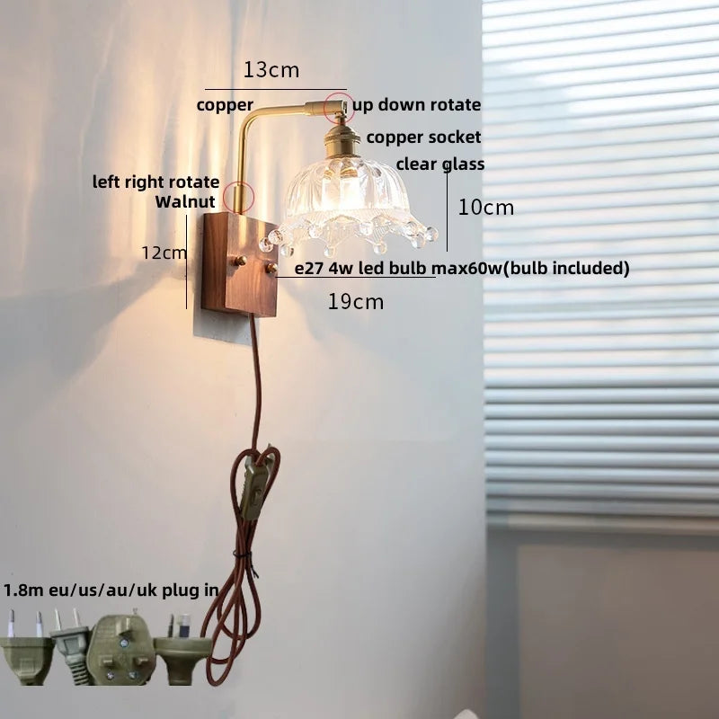 Afralia™ Walnut Glass LED Wall Light: Modern Brass Rotatable Bedside Lamp