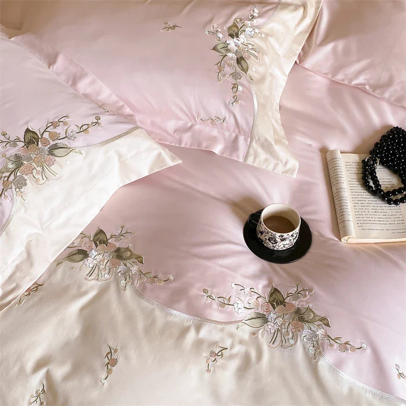 Afralia™ Lily of the Valley Chic Flowers Embroidery Bedding Set 1000TC Egyptian Cotton