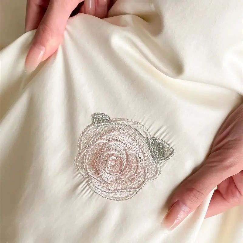 Afralia™ Rose Butterfly Embroidery Curved Edge Bedding Set: Duvet Cover, Sheet Set, Pillowcases