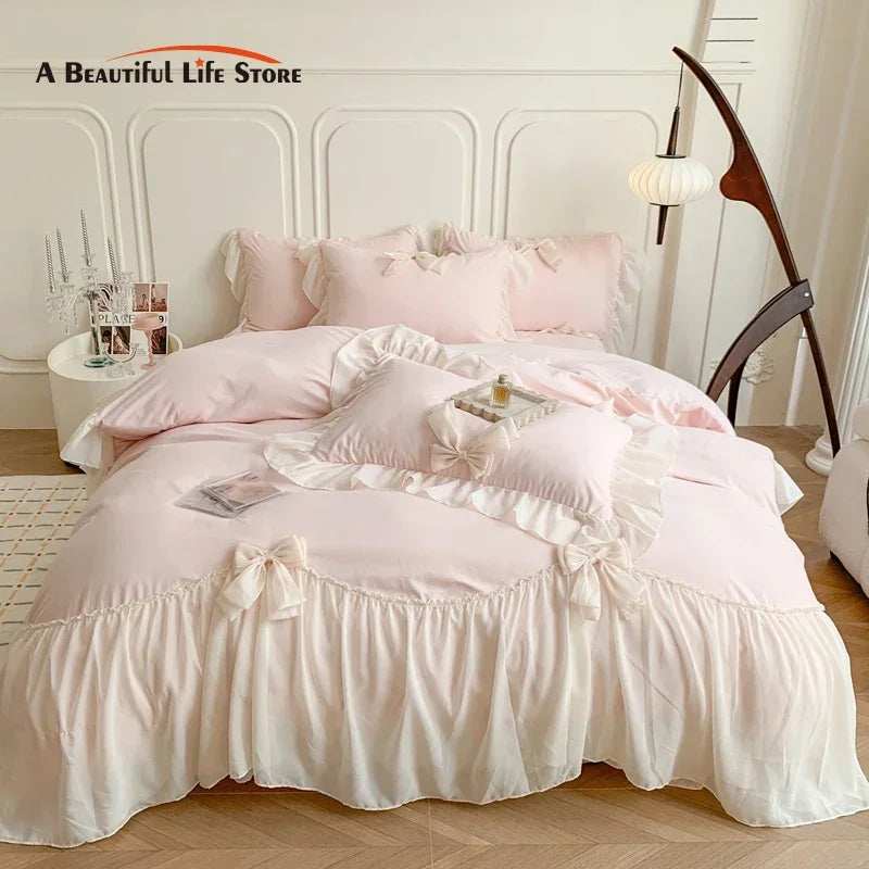 Afralia™ Pink French Princess Lace Ruffle Bow Bedding Set - Single Queen King