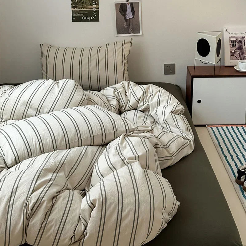 Afralia™ Nordic Striped Cotton Bed 4Pcs Fitted Sheet Set - Breathable & Skin-Friendly