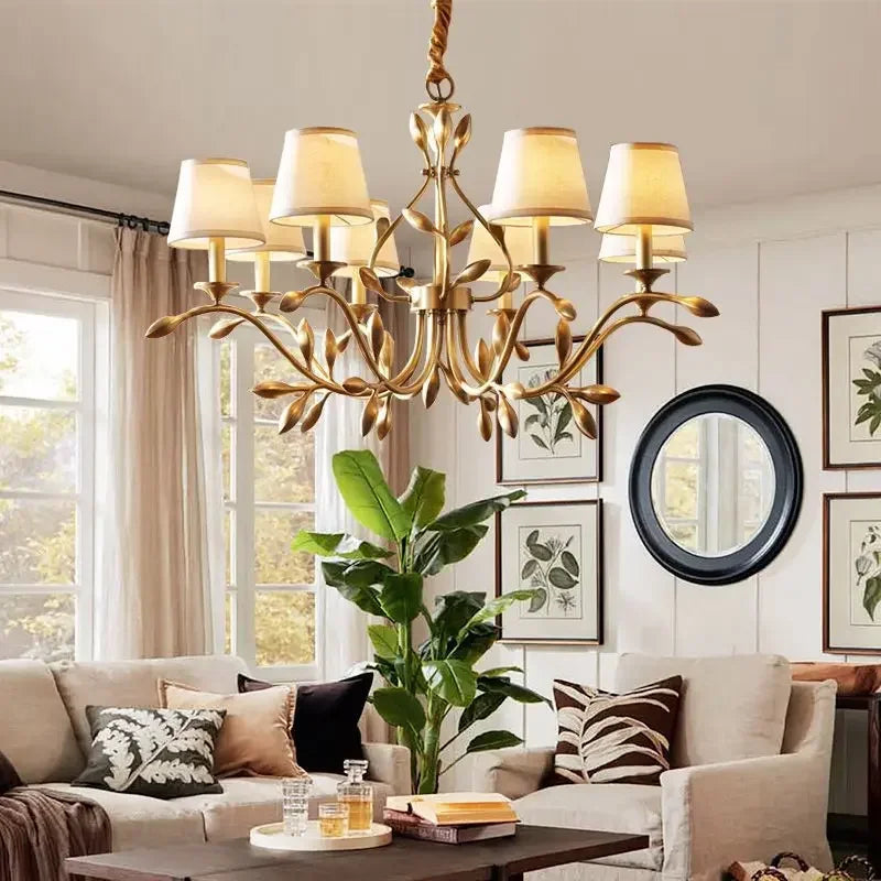 Afralia™ Gold Copper Chandelier with Fabric Shades & LED Lighting