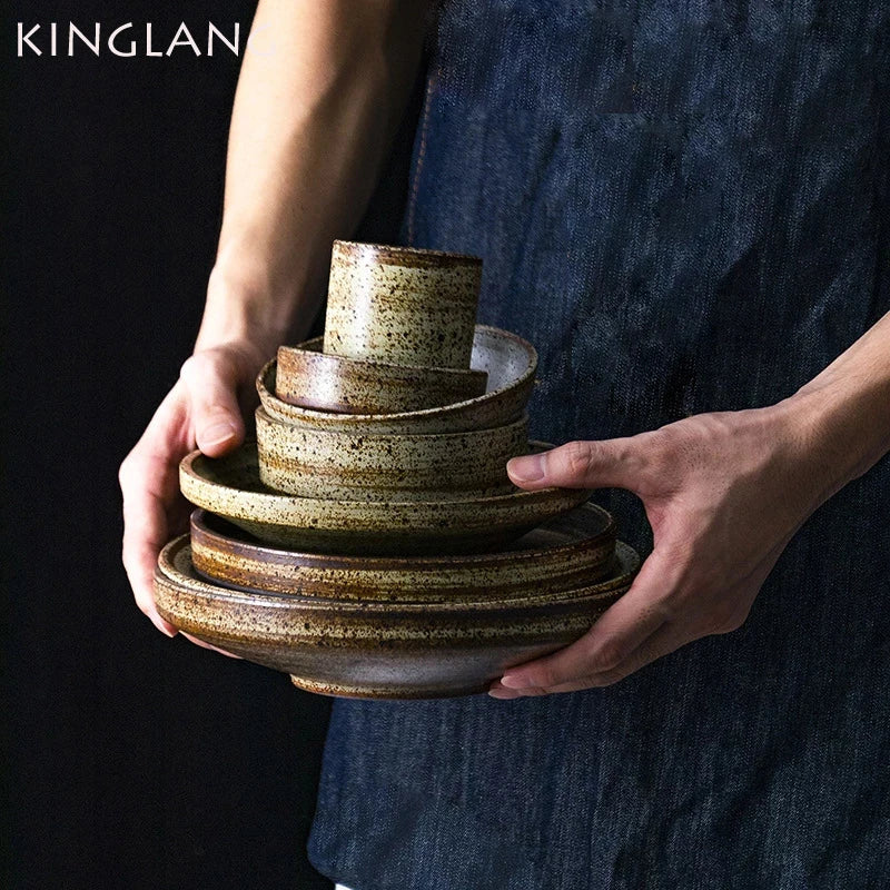 Afralia™ Japanese Style Handmade Stoneware Dinnerware Set - Round Plates and Bowls