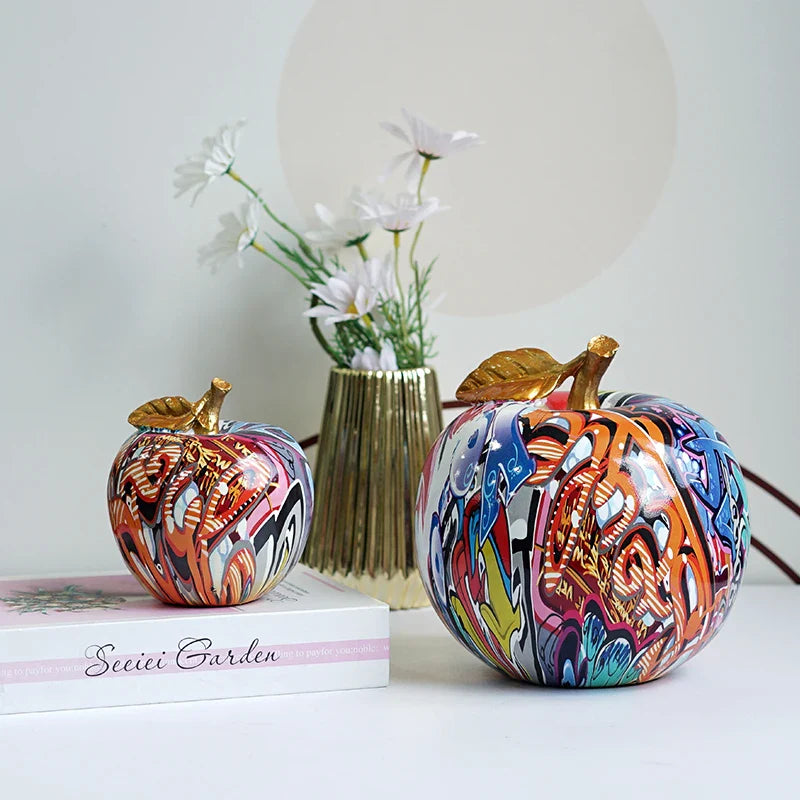 Afralia™ Resin Apple Ornament: Graffiti Painted Home Decor Sculpture