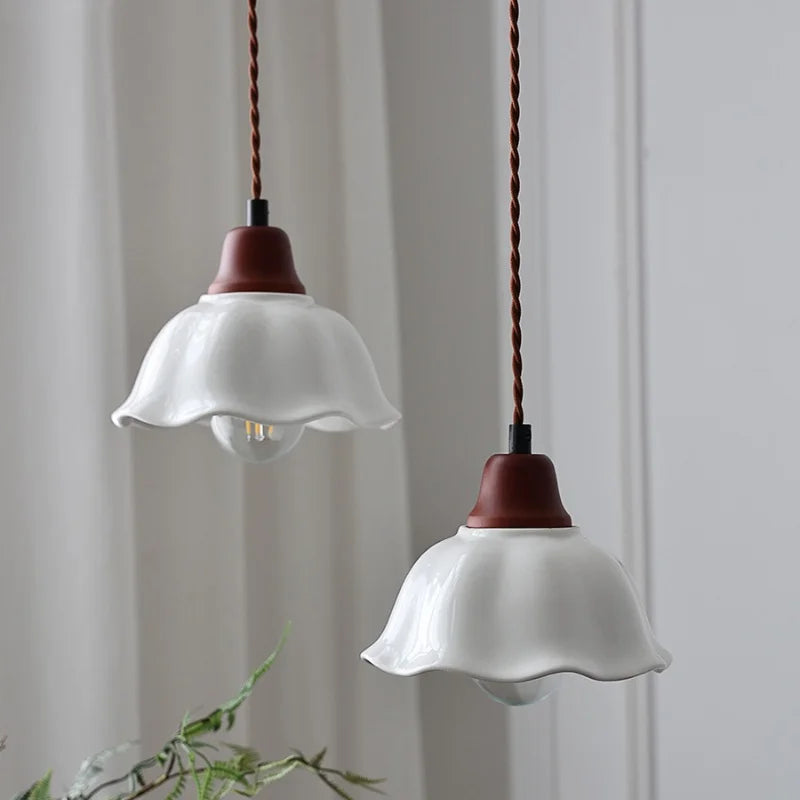 Afralia™ White Flower Ceramic LED Pendant Lamp Wood Japan Style Hang Lamp