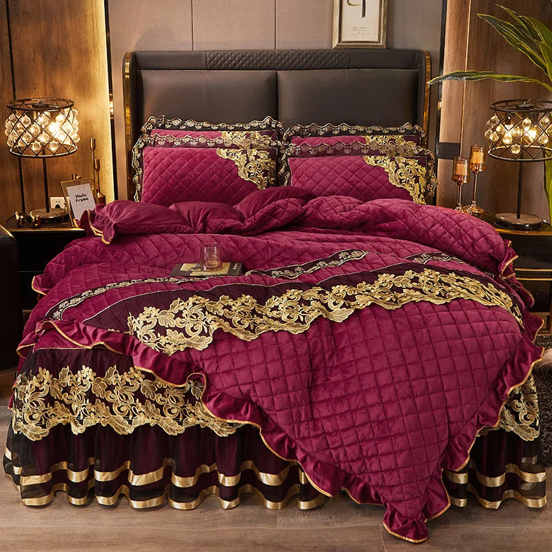 Afralia™ Black Gold Luxury Crystal Velvet Bedding Set with Quilted Embroidery & Ruffles