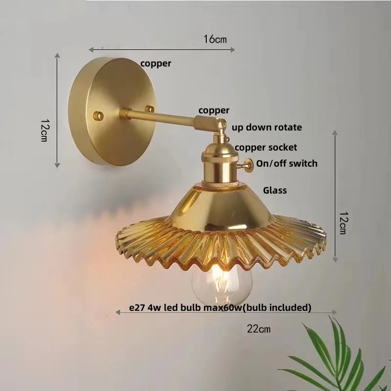 Afralia™ Green Glass LED Wall Lights with Pull Chain Switch - Vintage Copper Sconce