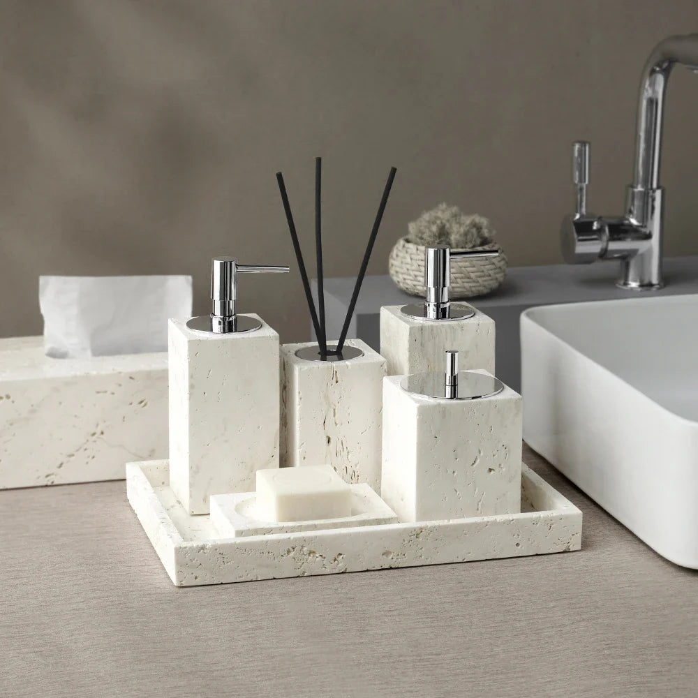 Afralia™ Beige Travertine Marble Bathroom Set - Soap Dispenser Toothbrush Holder Tissue Box
