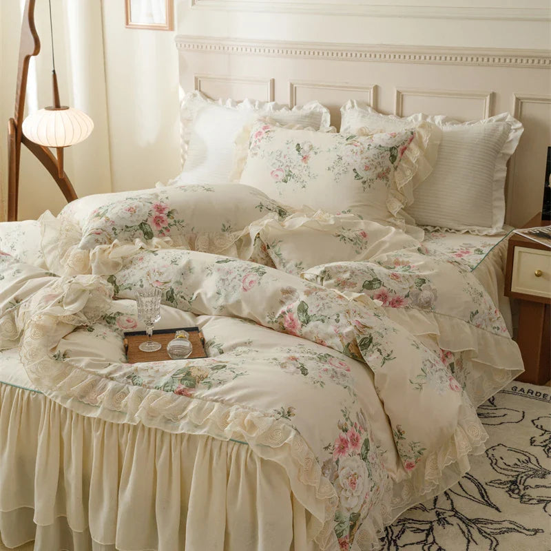 Afralia™ French Country Flowers Print Bedding Set with Lace Ruffles