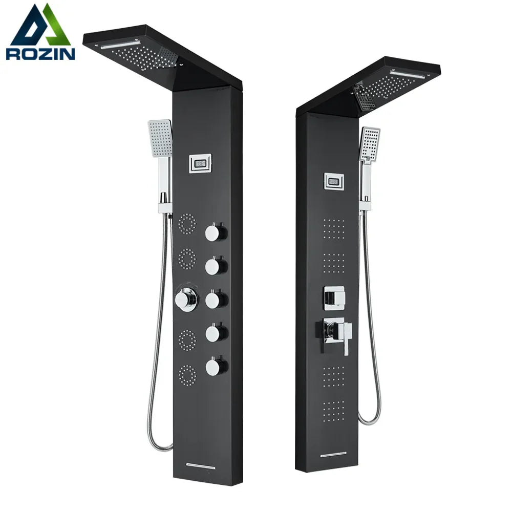 Afralia™ Black Massage Jet Rainfall Shower Panel with Temperature Display 5 Modes