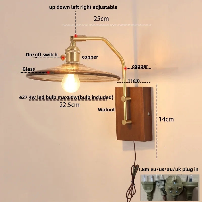 Afralia™ Walnut Wood LED Wall Light Glass Pull Chain Switch Nordic Modern Bedroom Lamp