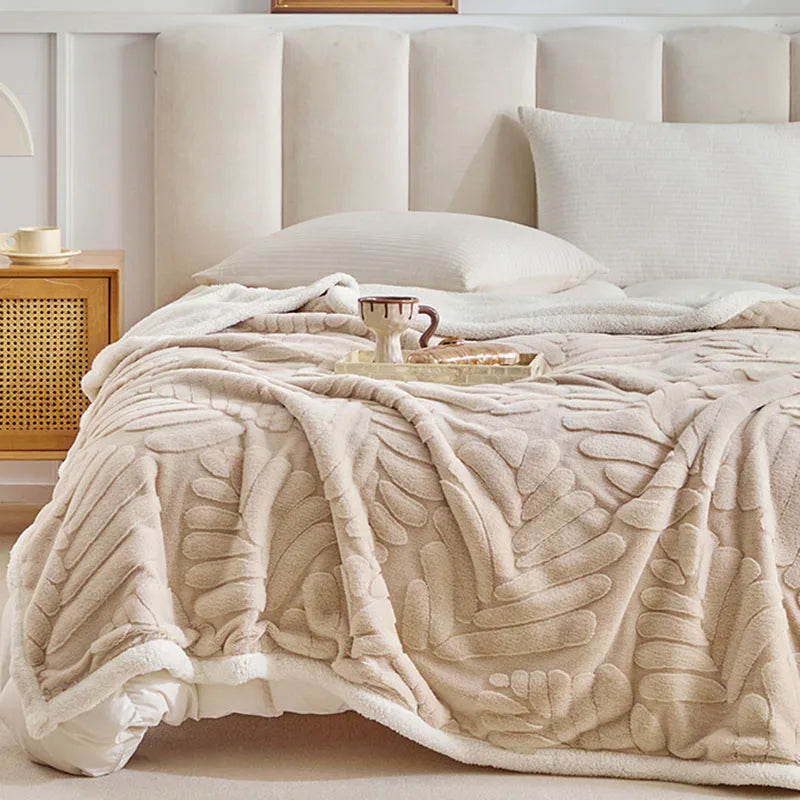 Afralia™ Banana Leaf Jacquard Faux Rabbit Fur Double Layer Lamb Bedspread