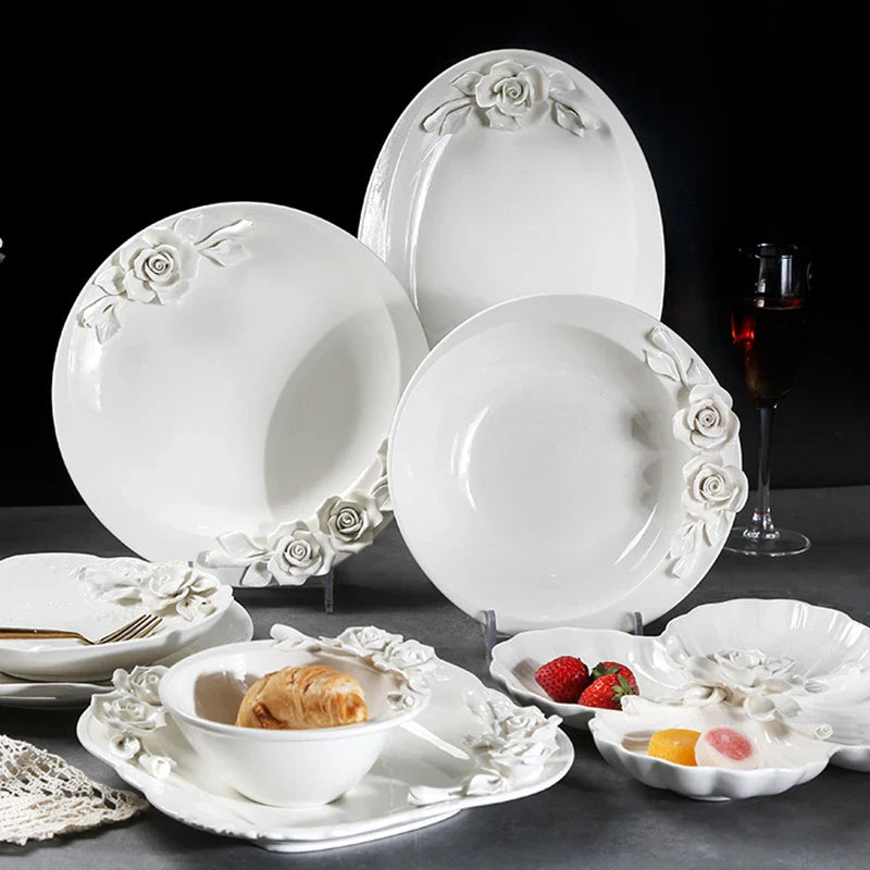 Afralia™ Flower Relief Ceramic Plate Western Dinner Plates Kitchen Cutlery