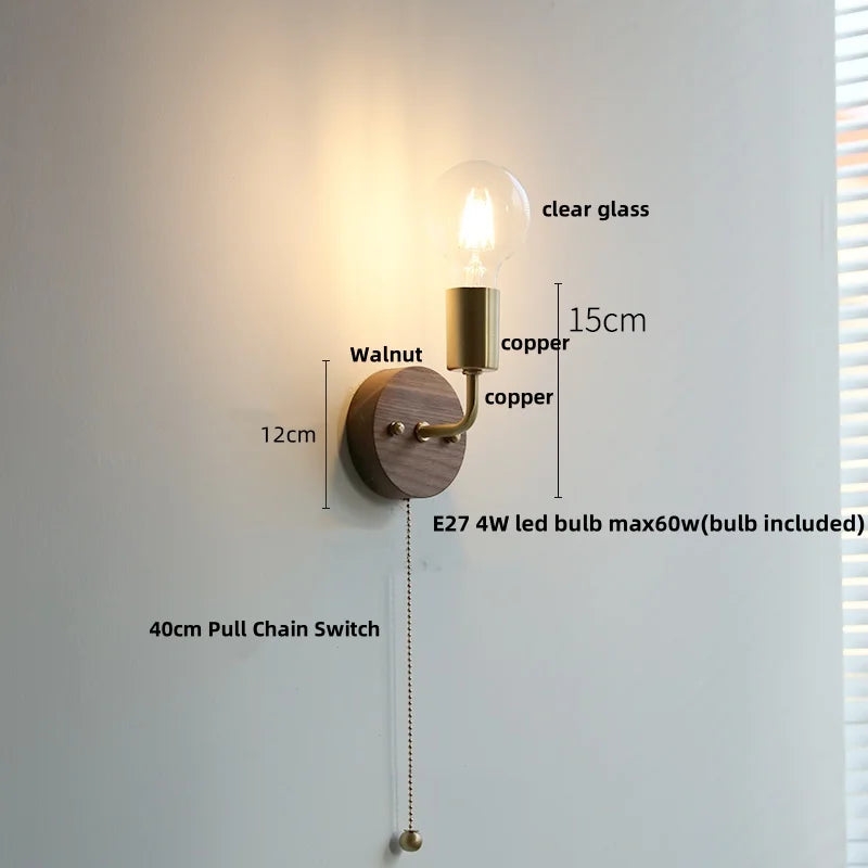 Afralia™ Walnut Wood LED Wall Lights Bedroom Copper Rotate Glass Pull Chain Switch