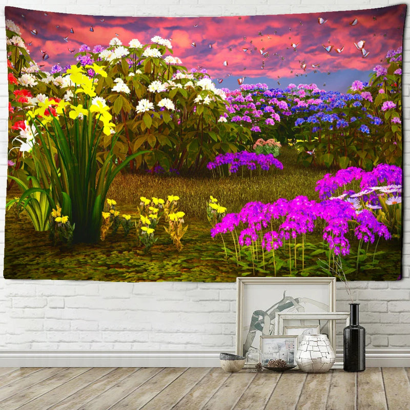 Rhododendron Bush Landscape Tapestry by Afralia™: Psychedelic Hippie Wall Decor for Living Room