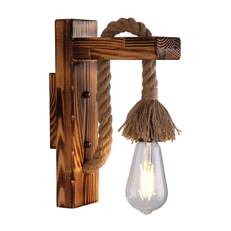 Afralia™ Wood Rope Wall Lamp Vintage Retro Light Bedroom E27 Bedside Decor