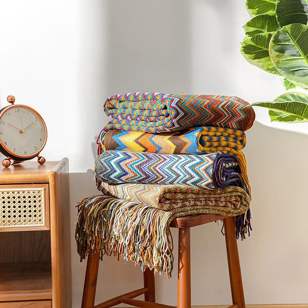 Afralia™ Bohemian Knitted Blanket with Tassels, Oversized Vintage Style Blanket