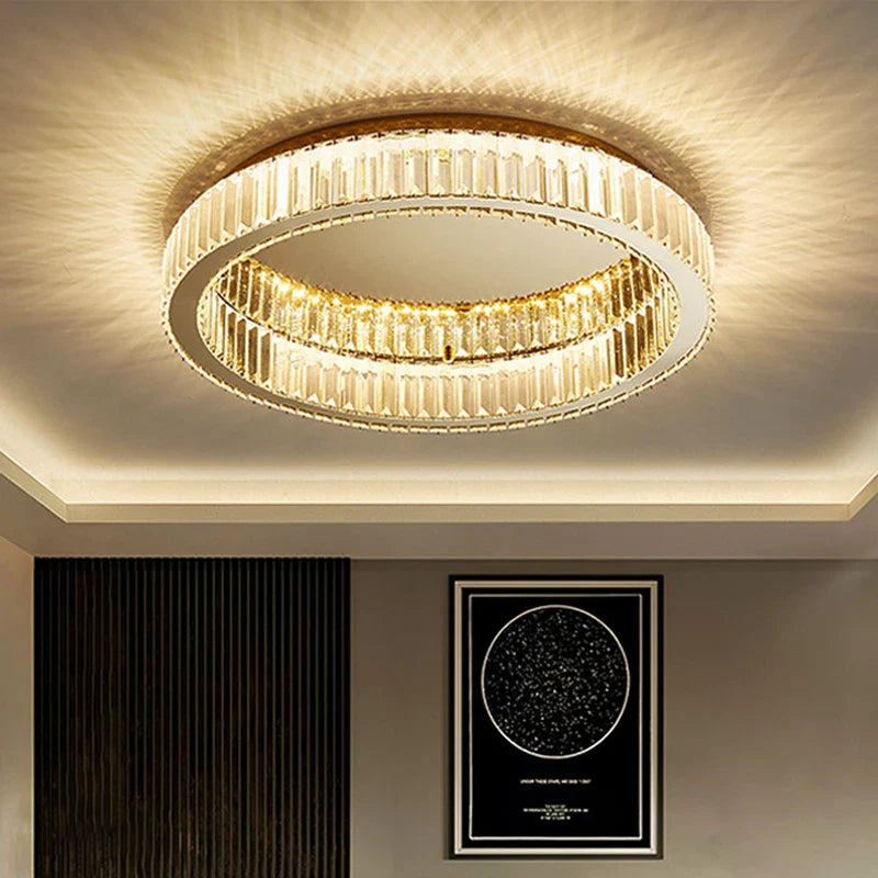 Afralia™ Luxury Gold Crystal Ceiling Light Ring LED Glossy Indoor Living Room Lighting