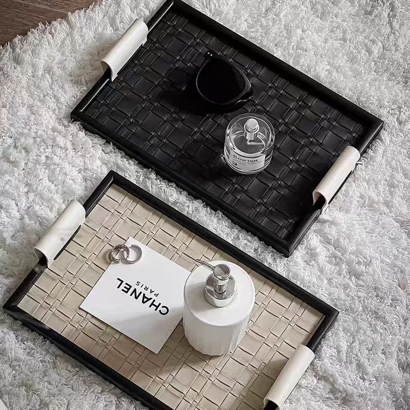 Afralia™ Woven Leather Storage Tray with Handle - Handmade Rectangle Jewelry & Dessert Display