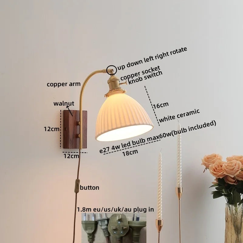 Afralia™ Ceramic Walnut LED Wall Lights Modern Bedside Lamp - Knob Switch
