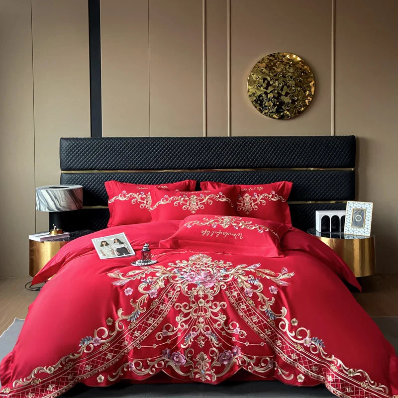 Afralia™ Exquisite Flowers Embroidery Bedding Set: Queen King Duvet Cover, Sheet, Pillowcases