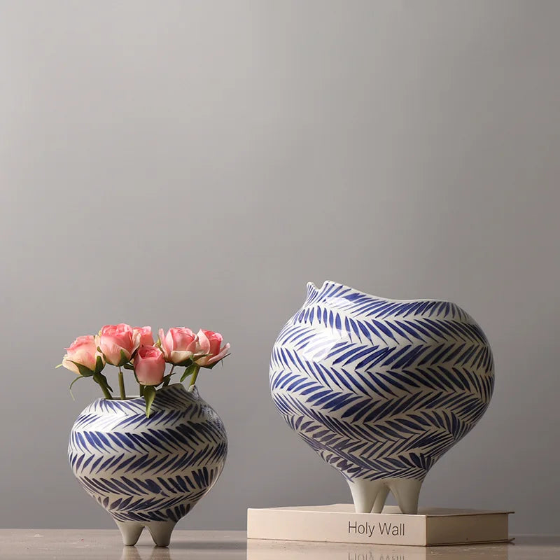 Afralia™ Hand-Painted Striped Ceramic Vase: Home Decor Flower Pot Craft Pottery.