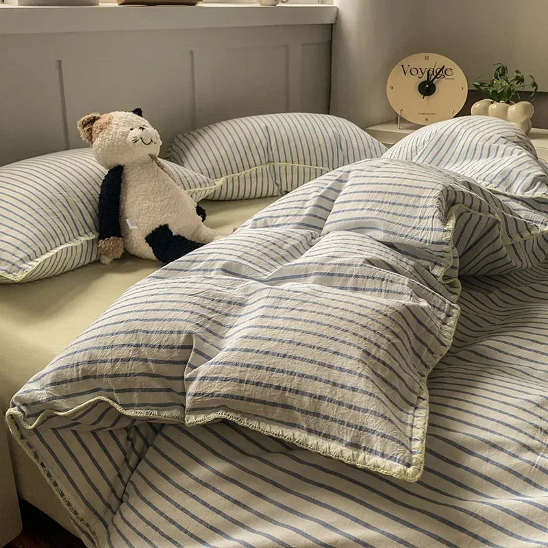 Afralia™ Striped Shell Edge Bedding Set | Cozy Washed Cotton Fitted Sheet Set