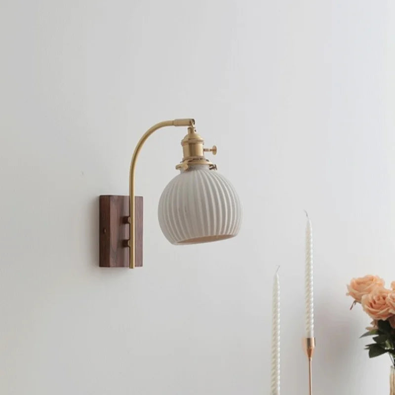 Afralia™ Ceramic Walnut LED Wall Lights Modern Bedside Lamp - Knob Switch