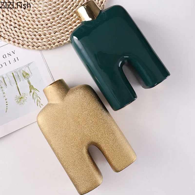 Afralia™ Gold Ceramic Vase Desk Decor Artificial Flower Arrangement Aesthetic Room Vase