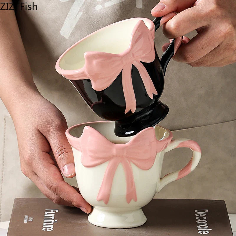 Afralia™ Pink Bowknot Ceramic Tea Coffee Mug - Lovely Table Cup Juice Container