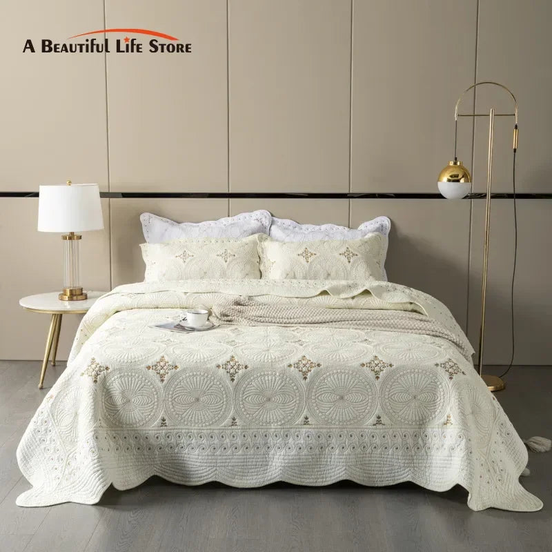 Afralia™ Gold Embroidery Cotton Bohemia Quilt Set - 3PCS Coverlet & Pillowcase