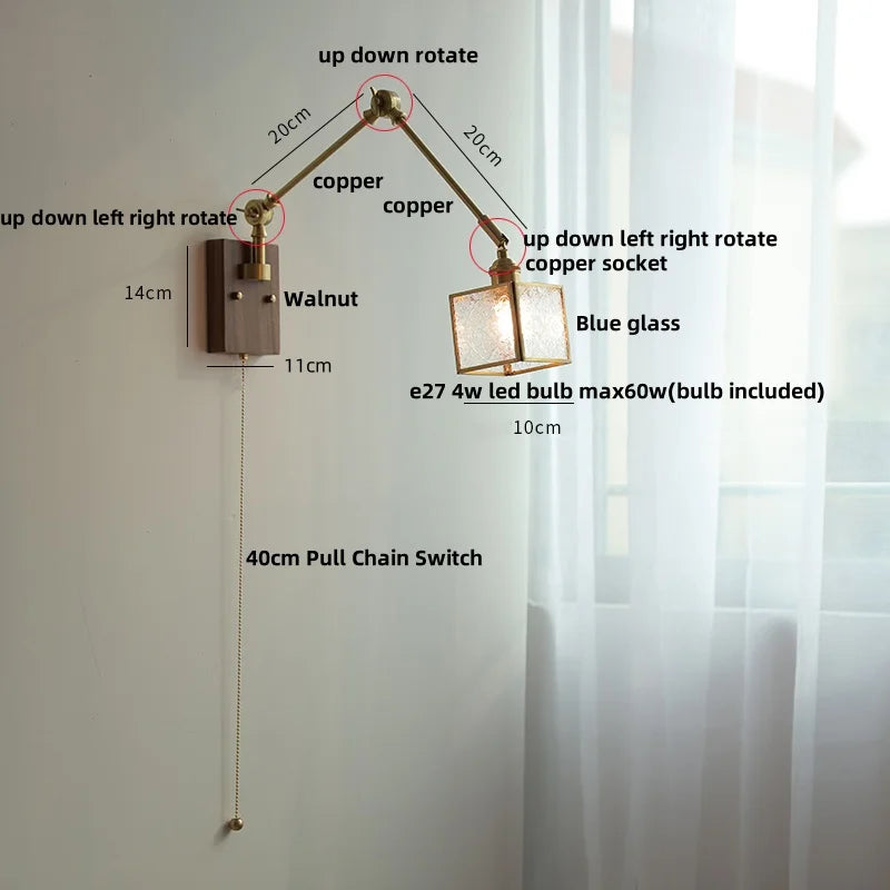 Afralia™ Ash Wood LED Swing Arm Wall Light with Pull Chain Switch & Blue Glass