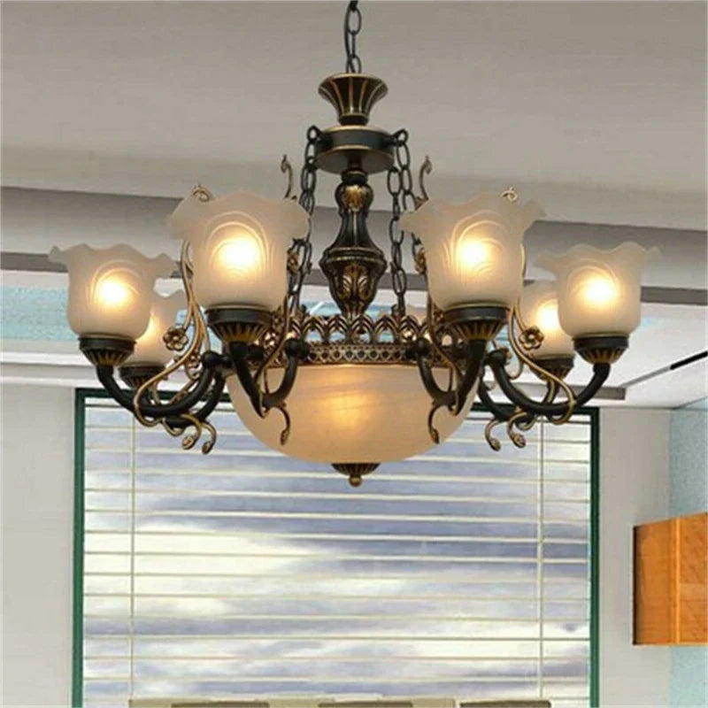 Afralia™ Vintage Wrought Iron Chandelier with Glass Lampshade for Home Decor Lighting
